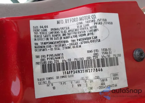 2005 Ford Focus Zx4 из США, поврежденный, VIN 1FAFP34N35W277846